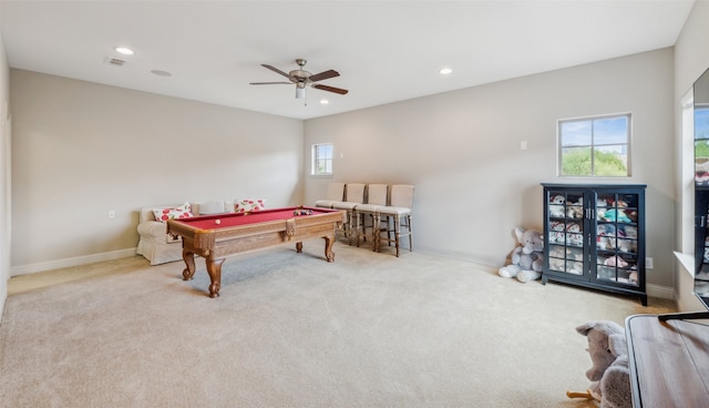 playroom with billiards table, a ceiling fan, carpet floors, recessed lighting, and baseboards