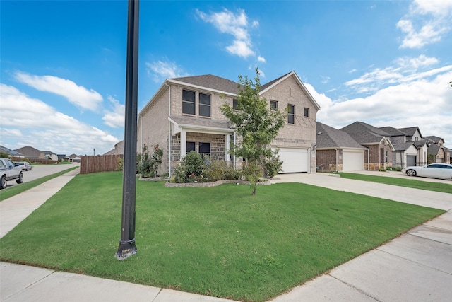 traditional-style house featuring brick siding, a front yard, driveway, and a residential view