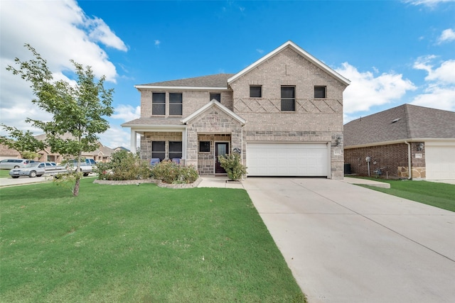 craftsman house featuring an attached garage, driveway, stone siding, and a front yard