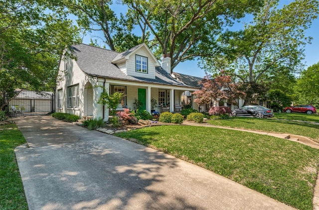 view of front of home with a front yard, a chimney, a gate, a porch, and driveway