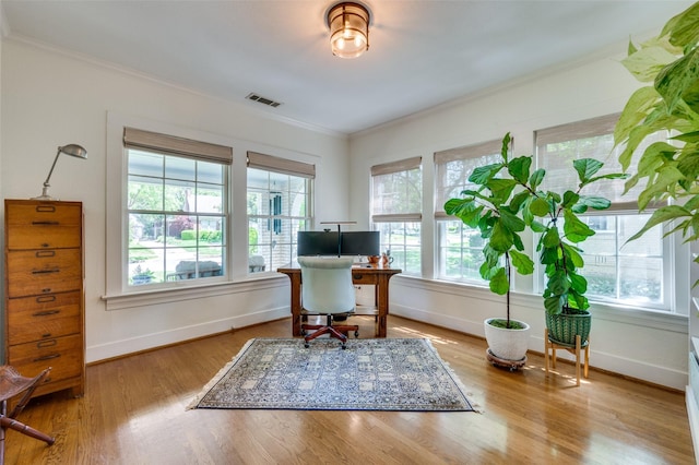 home office featuring visible vents, ornamental molding, baseboards, and a healthy amount of sunlight