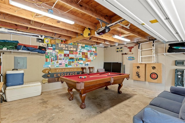 rec room featuring pool table, electric panel, and concrete flooring