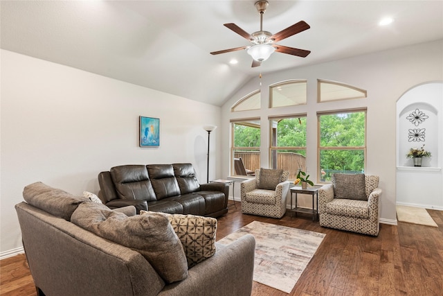 1521 Vintage Ln, Wylie, TX 75098 - living area with ceiling fan, vaulted ceiling, baseboards, dark wood finished floors, and recessed lighting