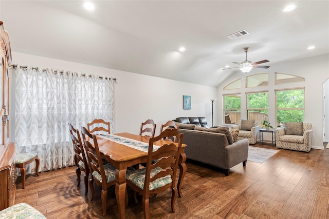 1521 Vintage Ln, Wylie, TX 75098 - dining room with a ceiling fan, wood finished floors, lofted ceiling, and recessed lighting