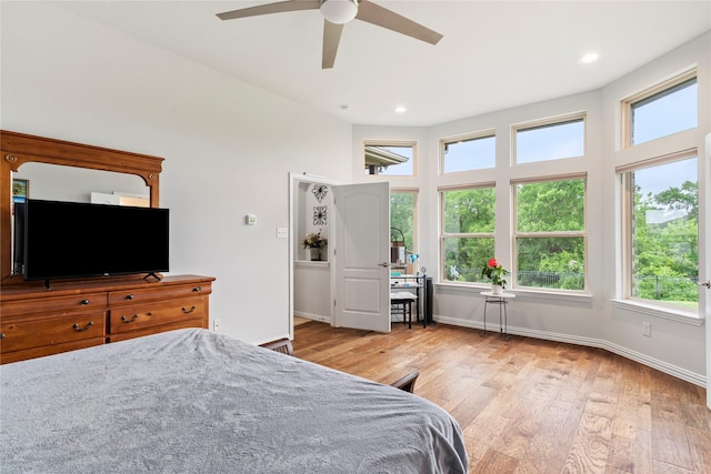 bedroom featuring baseboards, multiple windows, and light wood-type flooring