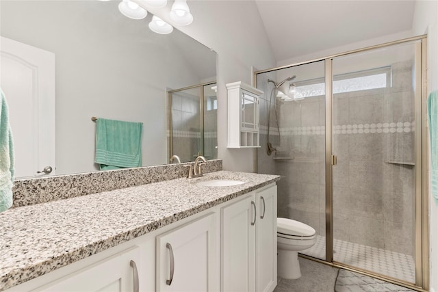 full bathroom with vanity, vaulted ceiling, toilet, and a shower stall