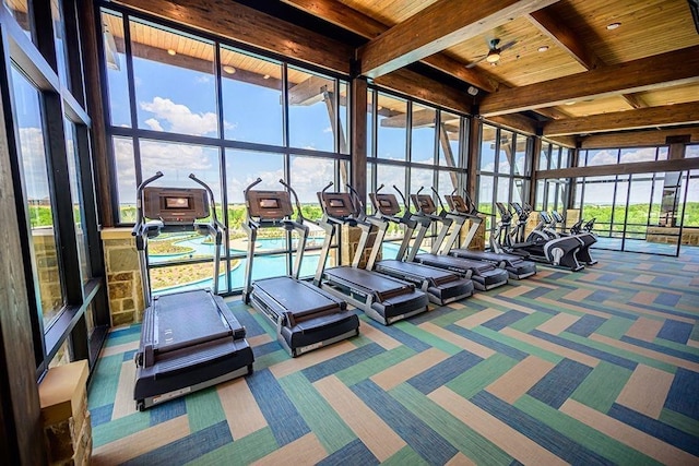 workout area featuring carpet floors and wooden ceiling