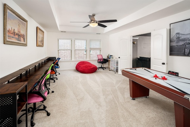 rec room featuring billiards, ceiling fan, a raised ceiling, baseboards, and carpet