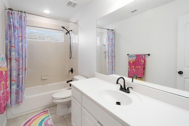 full bathroom with tile patterned flooring, toilet, shower / bathtub combination with curtain, and visible vents