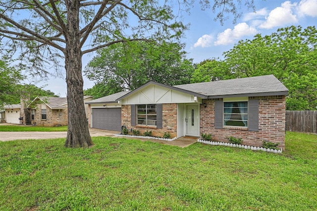 ranch-style home with an attached garage, fence, driveway, and brick siding