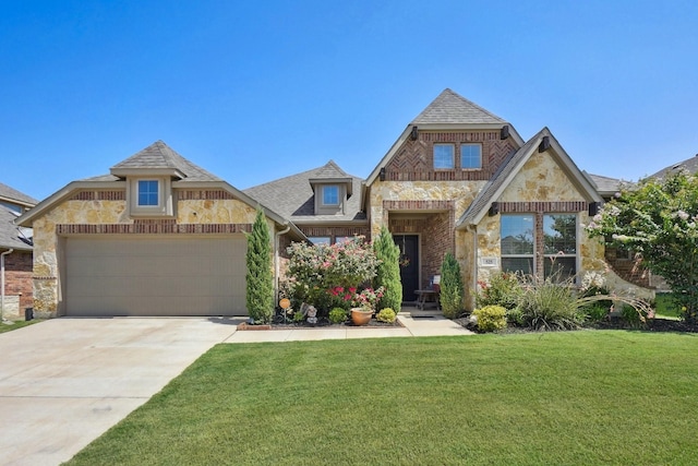 view of front of property with driveway, roof with shingles, a front yard, an attached garage, and stone siding