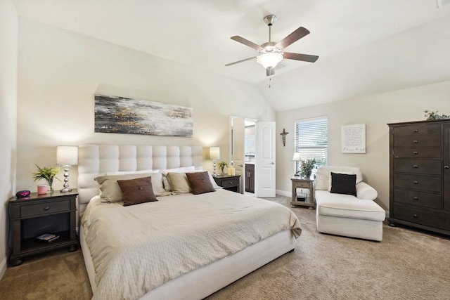 bedroom featuring baseboards, ceiling fan, carpet, and lofted ceiling