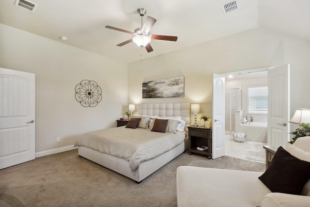 bedroom featuring baseboards, carpet, connected bathroom, and visible vents