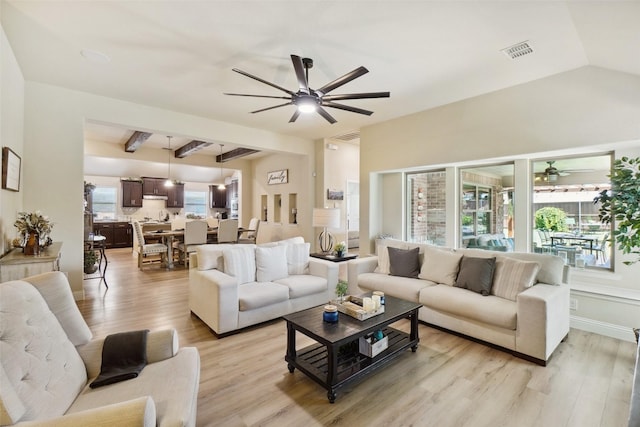 living room with a ceiling fan, light wood finished floors, beam ceiling, and visible vents