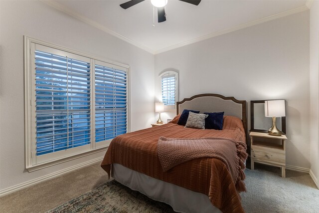 bedroom with carpet flooring, baseboards, ornamental molding, and ceiling fan