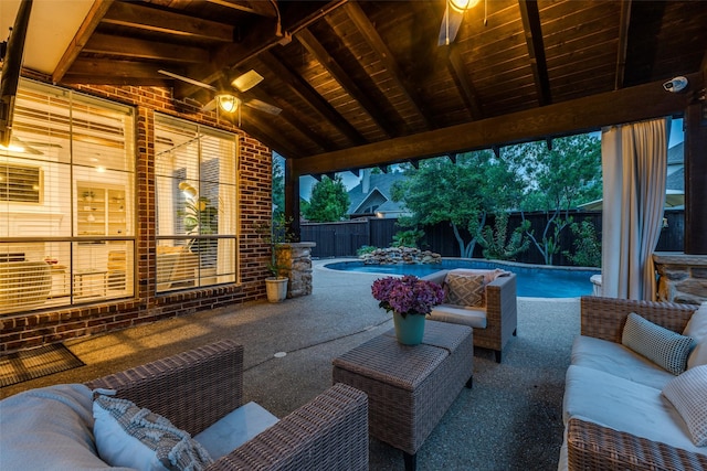 view of pool with a fenced backyard, a fenced in pool, a patio, and an outdoor hangout area