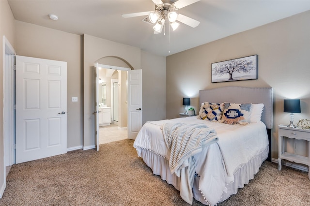 bedroom with baseboards, ceiling fan, and carpet flooring