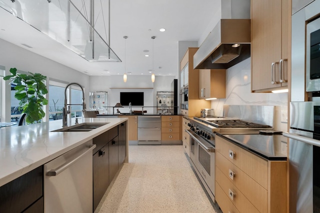 11715 Parwen Dr, Dallas, TX 75230 - kitchen featuring light brown cabinetry, light stone countertops, a sink, stainless steel appliances, and extractor fan