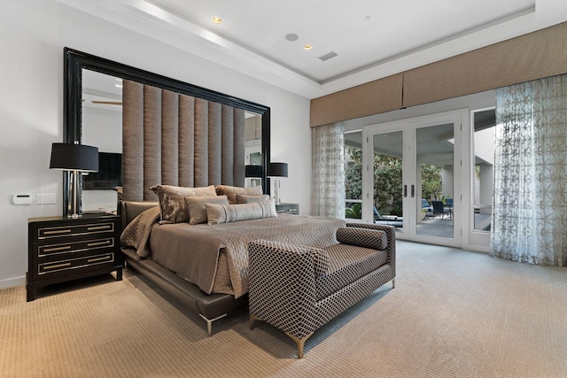 11715 Parwen Dr, Dallas, TX 75230 - bedroom with visible vents, light colored carpet, recessed lighting, access to outside, and french doors