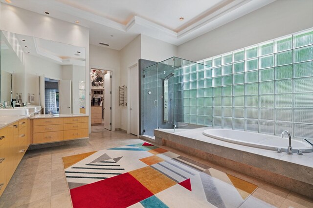 11715 Parwen Dr, Dallas, TX 75230 - bathroom with tile patterned flooring, vanity, recessed lighting, a bath, and a stall shower