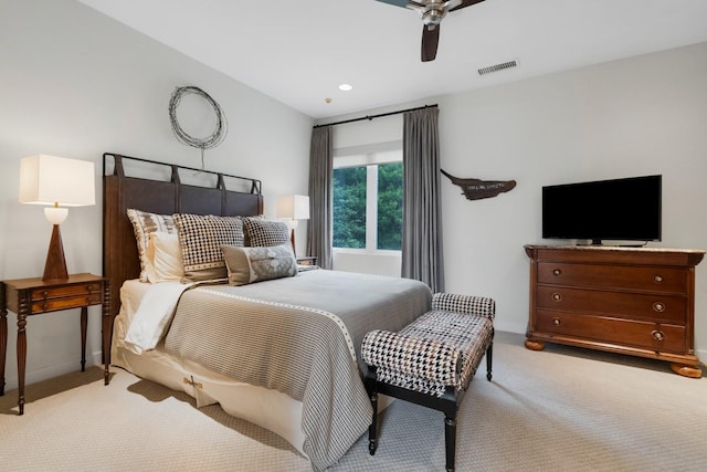 11715 Parwen Dr, Dallas, TX 75230 - bedroom featuring visible vents, ceiling fan, and light carpet