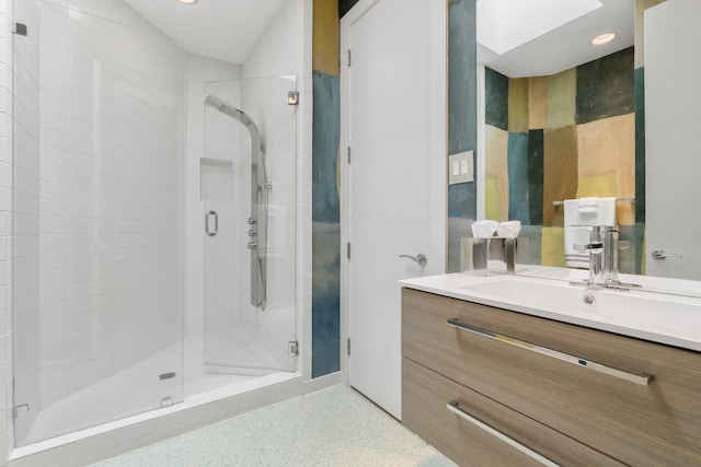 11715 Parwen Dr, Dallas, TX 75230 - bathroom featuring vanity, recessed lighting, speckled floor, and a shower stall