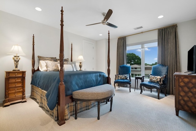 11715 Parwen Dr, Dallas, TX 75230 - bedroom with light carpet, a ceiling fan, recessed lighting, and visible vents