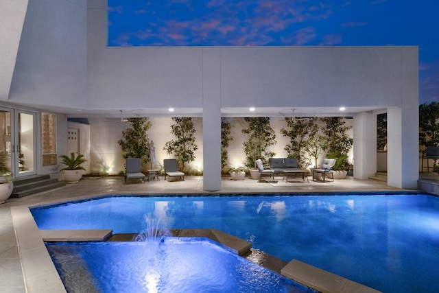 11715 Parwen Dr, Dallas, TX 75230 - view of pool with outdoor lounge area, a patio, a ceiling fan, entry steps, and a pool with connected hot tub