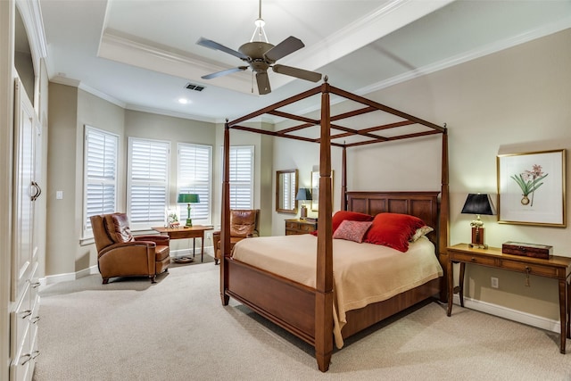 bedroom with crown molding, visible vents, baseboards, light colored carpet, and recessed lighting