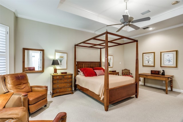 bedroom with baseboards, ornamental molding, light colored carpet, and visible vents