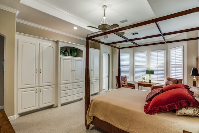 bedroom featuring visible vents, beam ceiling, recessed lighting, light colored carpet, and coffered ceiling