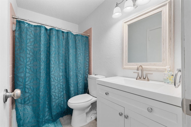 full bathroom featuring vanity, a textured ceiling, toilet, and a shower with curtain