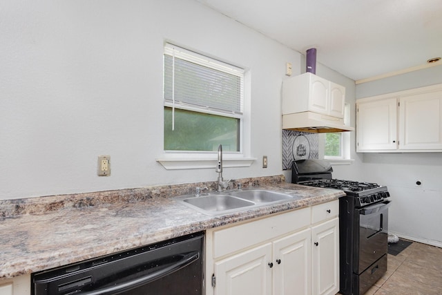 kitchen featuring light countertops, white cabinetry, a sink, light tile patterned floors, and black appliances
