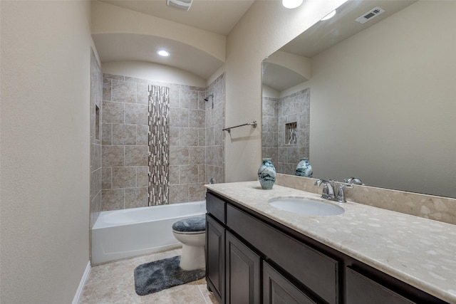 bathroom with vanity, toilet, tile patterned floors, shower / bath combination, and visible vents