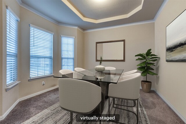 dining area featuring a raised ceiling, baseboards, and carpet flooring