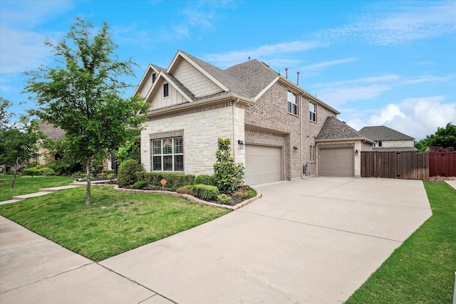 view of front of property featuring stone siding, fence, driveway, and a front yard