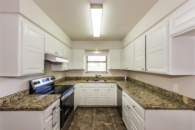 kitchen with a sink, white cabinetry, under cabinet range hood, and stainless steel appliances