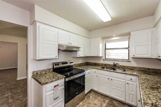 kitchen featuring a sink, stainless steel electric range oven, under cabinet range hood, and white cabinetry
