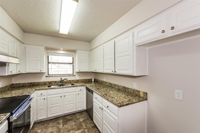 kitchen with white cabinets, a sink, dishwasher, a textured ceiling, and black range with electric stovetop