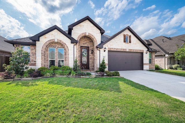 french country home with brick siding, a front lawn, concrete driveway, an attached garage, and stone siding