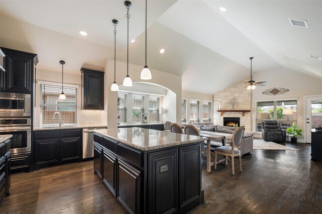kitchen with ceiling fan, a sink, a fireplace, dark cabinets, and stainless steel appliances