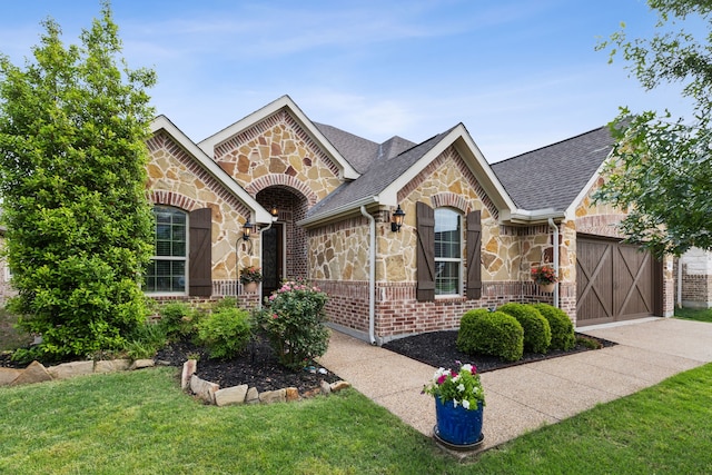 french country style house featuring an attached garage, driveway, a front lawn, and stone siding