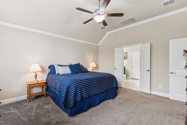bedroom with ornamental molding, carpet, vaulted ceiling, and visible vents