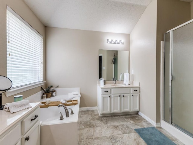 8410 Victory St, Rowlett, TX 75089 - full bath with vanity, vaulted ceiling, a bath, and a stall shower