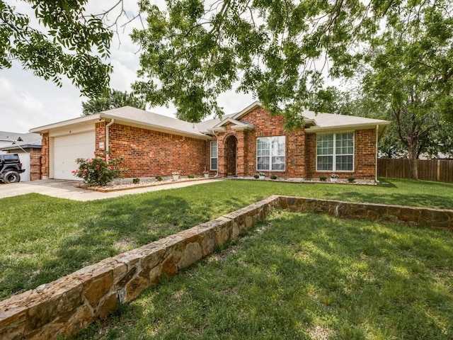 8410 Victory St, Rowlett, TX 75089 - ranch-style house featuring fence, an attached garage, brick siding, a front yard, and driveway