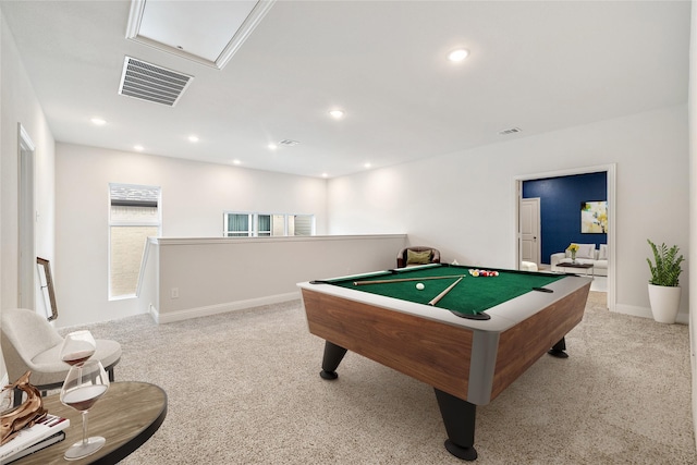 playroom featuring pool table, light colored carpet, and visible vents