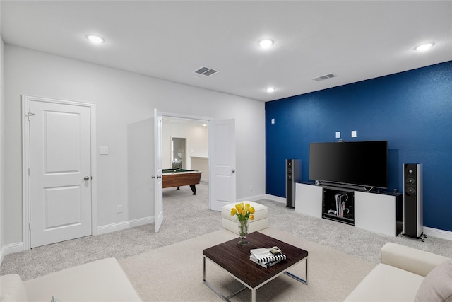carpeted living area featuring billiards, baseboards, recessed lighting, and visible vents