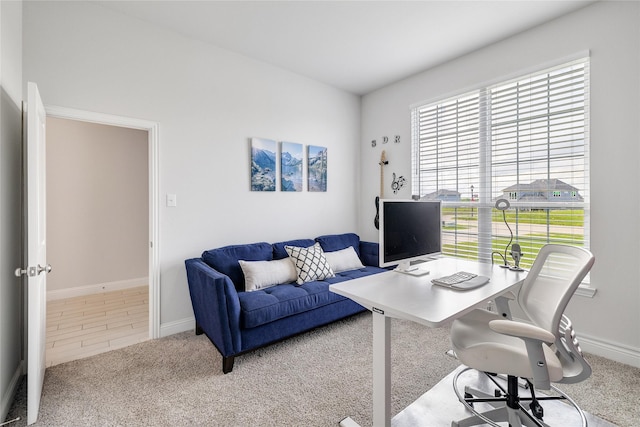 office area featuring baseboards and carpet