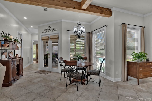 1123 Waters Edge Cir, Shreveport, LA 71106 - dining space featuring french doors, visible vents, light tile patterned floors, baseboards, and a notable chandelier