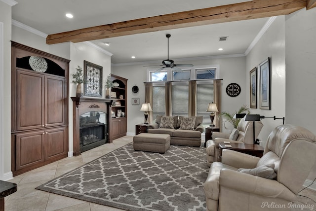 1123 Waters Edge Cir, Shreveport, LA 71106 - living area featuring crown molding, ceiling fan, beam ceiling, recessed lighting, and a fireplace with flush hearth